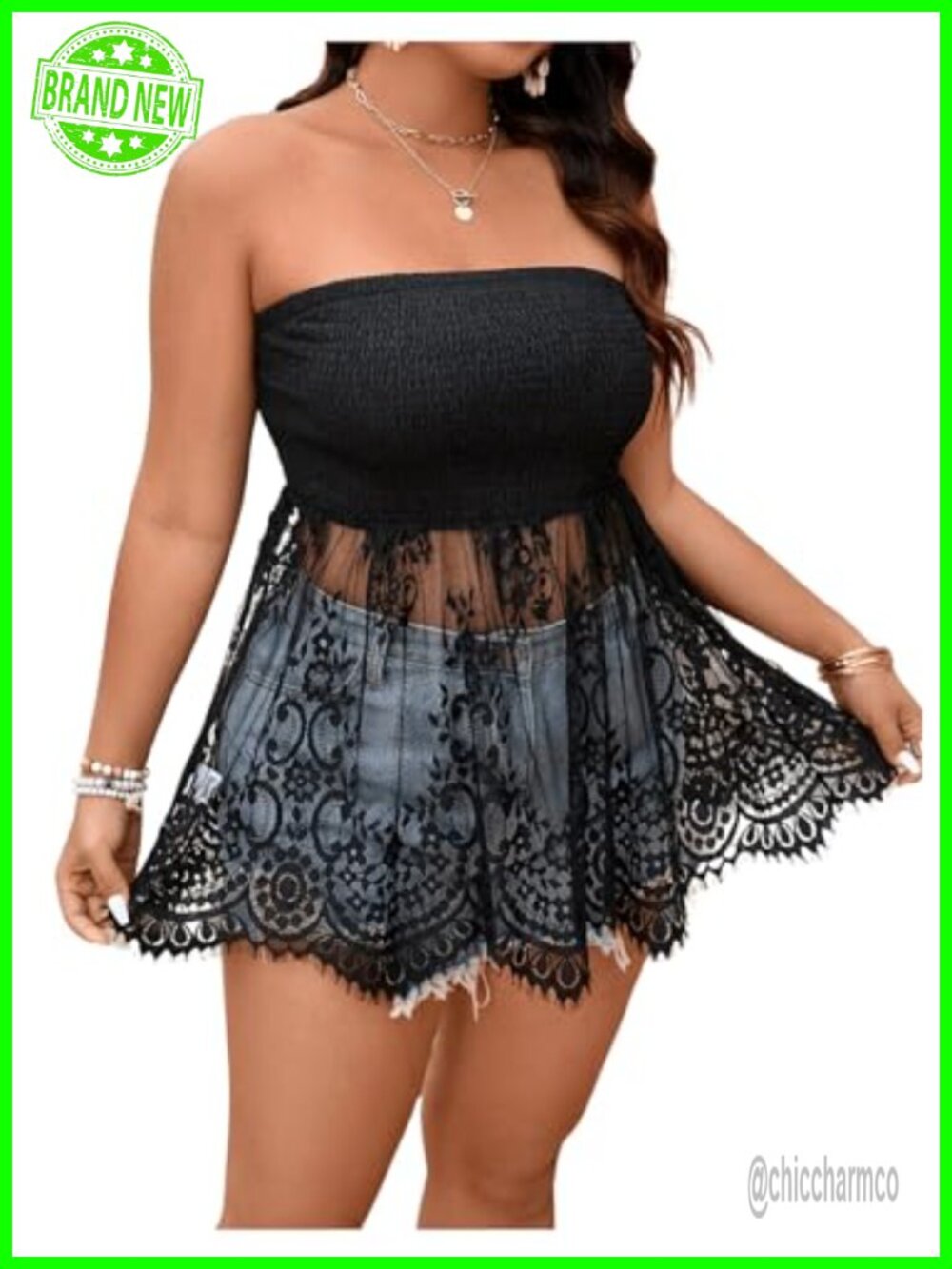 Plus Size Fringe Trim Bandeau Sheer Strapless Flared Hem Tube Top